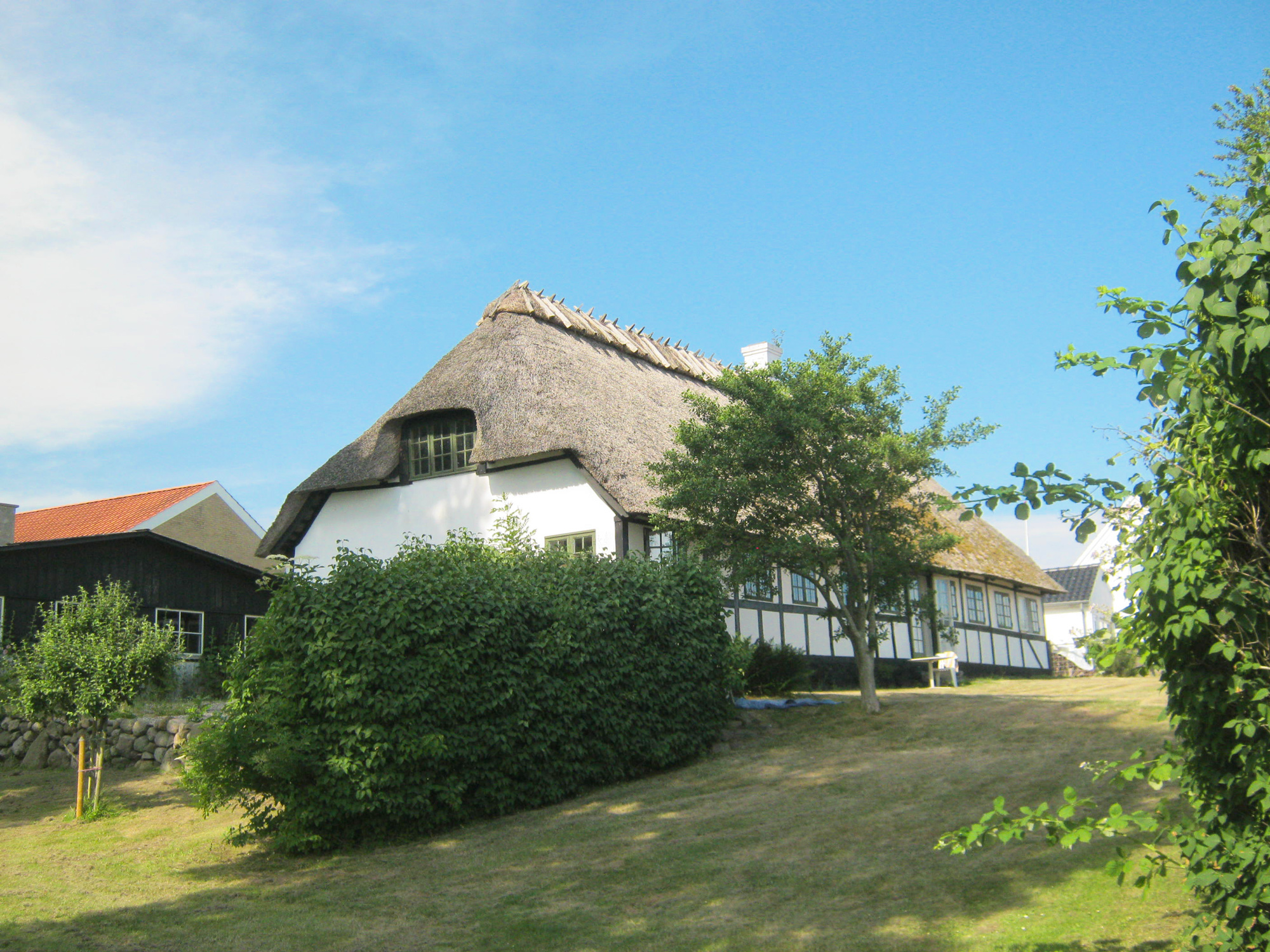 Thatched-roof house surrounded by greenery, located in Svenborg, captured in 2020.