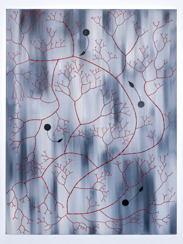 Abstract artwork featuring intricate red branches and black shapes on a gradient gray background.