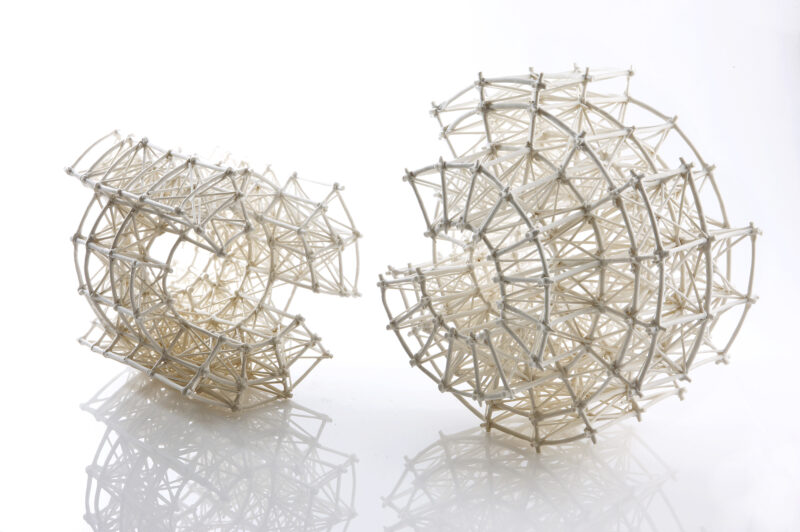 Abstract sculptural forms made of interconnected white rods, resembling organic shapes, displayed on a reflective surface.