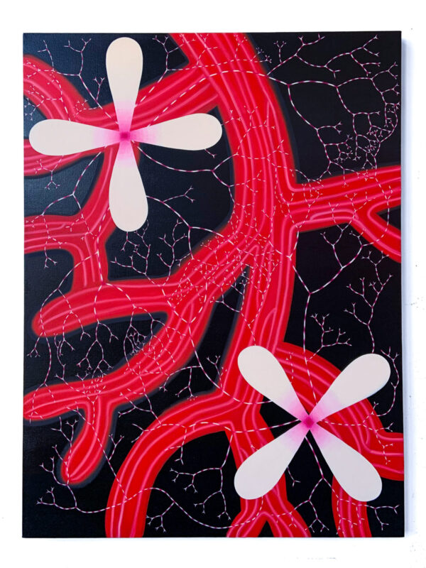 Abstract artwork featuring bold red lines resembling branches and white flower shapes against a black background.