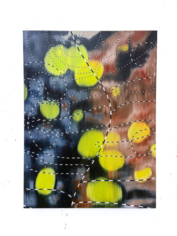 Abstract artwork featuring blurred yellow and blue shapes with white stitching patterns, titled "006_Hourdas_Decay.