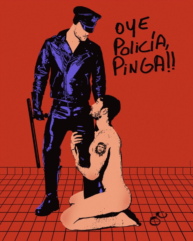 Illustration of a police officer in leather attire standing over a kneeling, naked figure, with bold text on a red backgro...