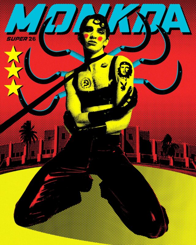 A stylized graphic featuring a figure kneeling with tattoos, set against a vibrant red and yellow background with graphic ...