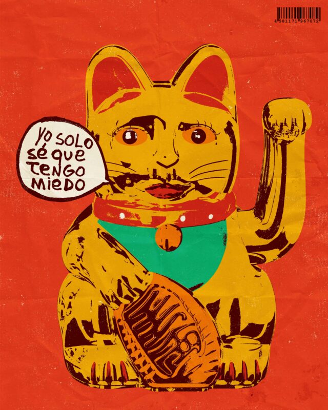 A stylized golden cat figurine with a green collar, holding a baseball glove, and a speech bubble saying, "Yo solo sé que...
