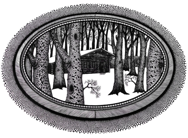 Intricate black and white illustration of a cabin surrounded by tall trees in a snowy forest, framed in an oval design.