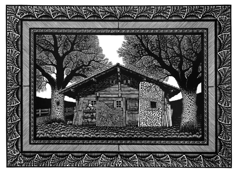 Black and white illustration of a rustic house framed by two large trees, featuring detailed patterns and textures.