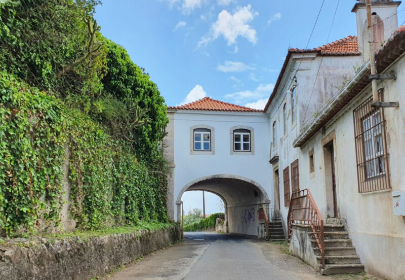 Narrow road leading through an archway between two buildings, surrounded by greenery under a blue sky.