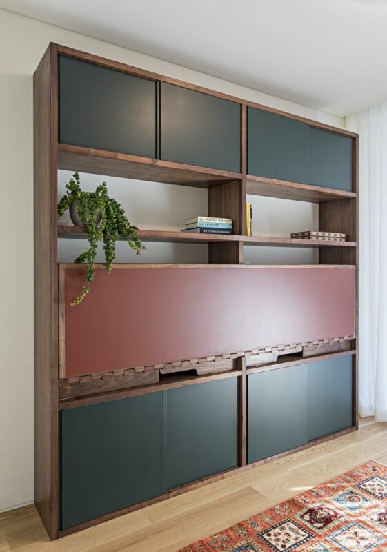 Minimalist wooden shelving unit with green and maroon panels, featuring plants and decorative items.