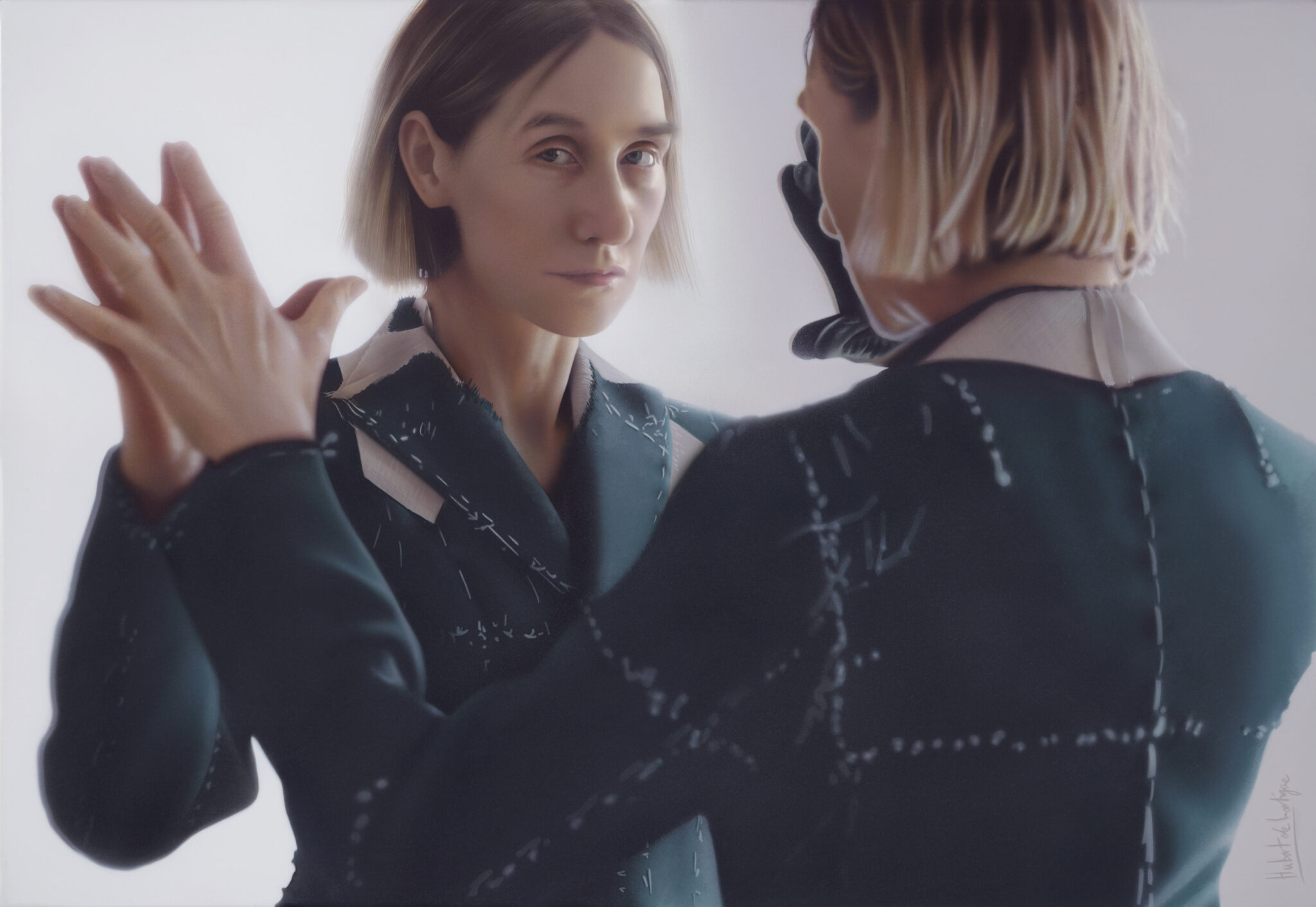Acrylic painting of a woman in a green bespoke hunting jacket, mirrored, by Hubert De Lartigue.