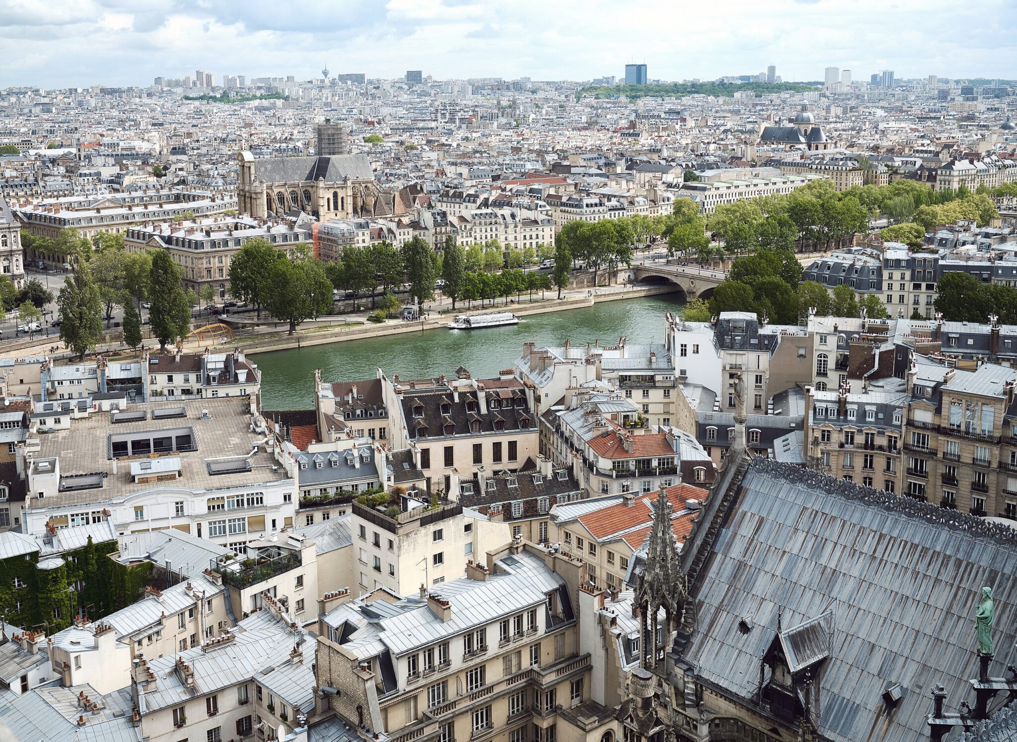 Panoramic view of Paris showcasing rooftops, the Seine River, and historic buildings under a cloudy sky.