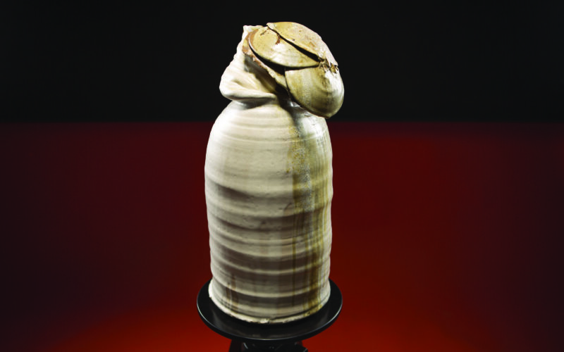Ceramic sculpture with a smooth, elongated form and a textured top, set against a gradient red and black background.