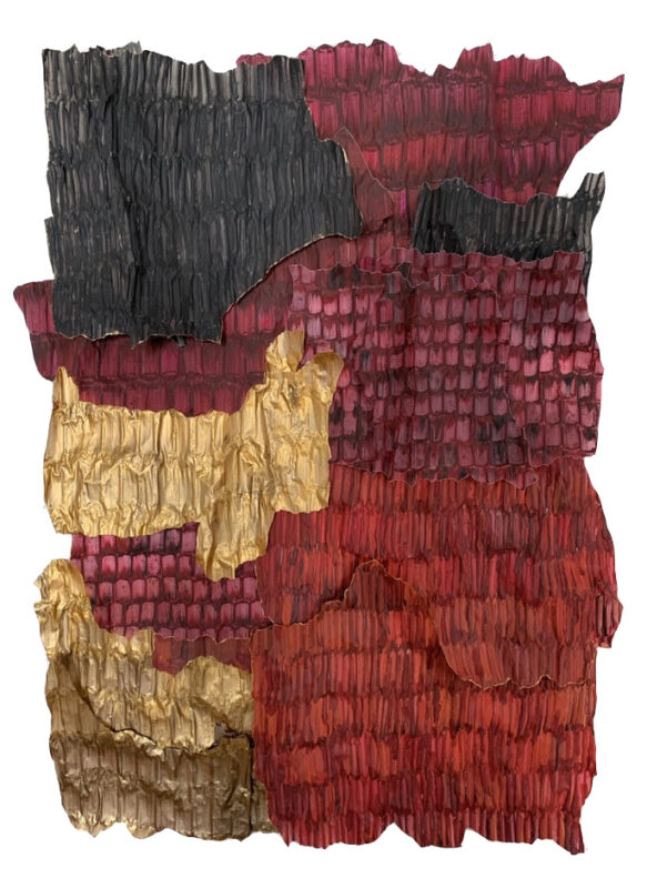 Abstract artwork featuring textured layers in black, red, gold, and maroon hues, resembling a collage of wavy shapes.