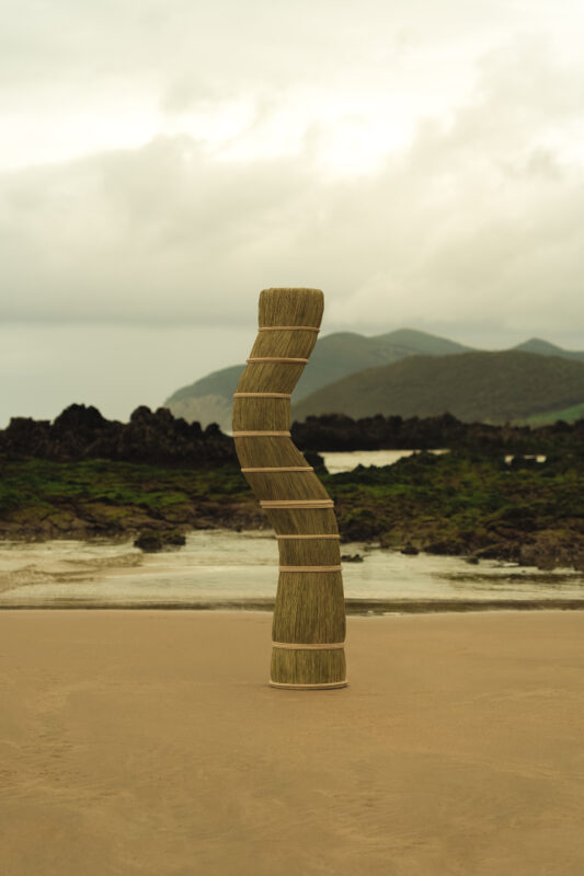Curved, woven sculpture stands on a sandy beach with rocky coastline and mountains in the background under a cloudy sky.