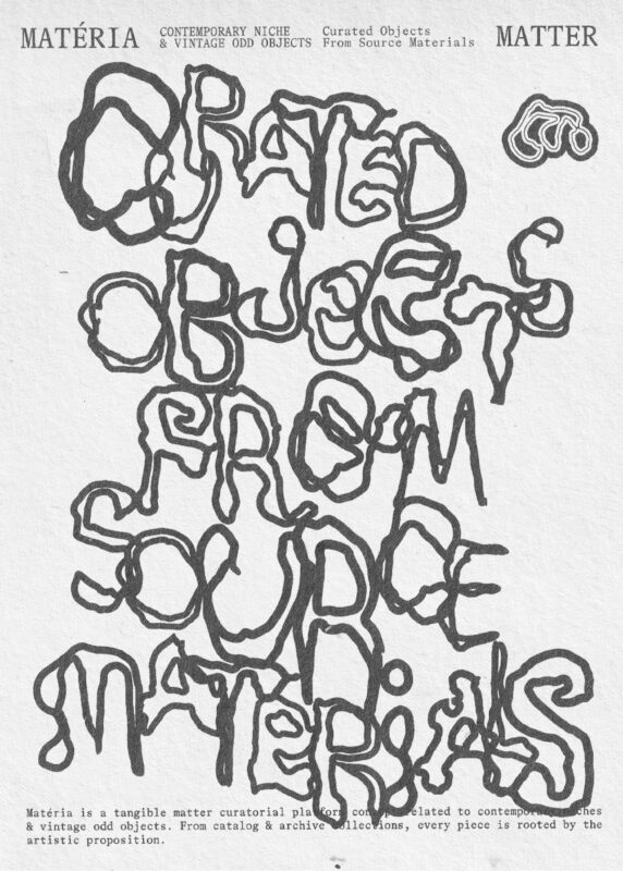 Stylized text reads "Curated Objects from Source Materials" on a textured white background.