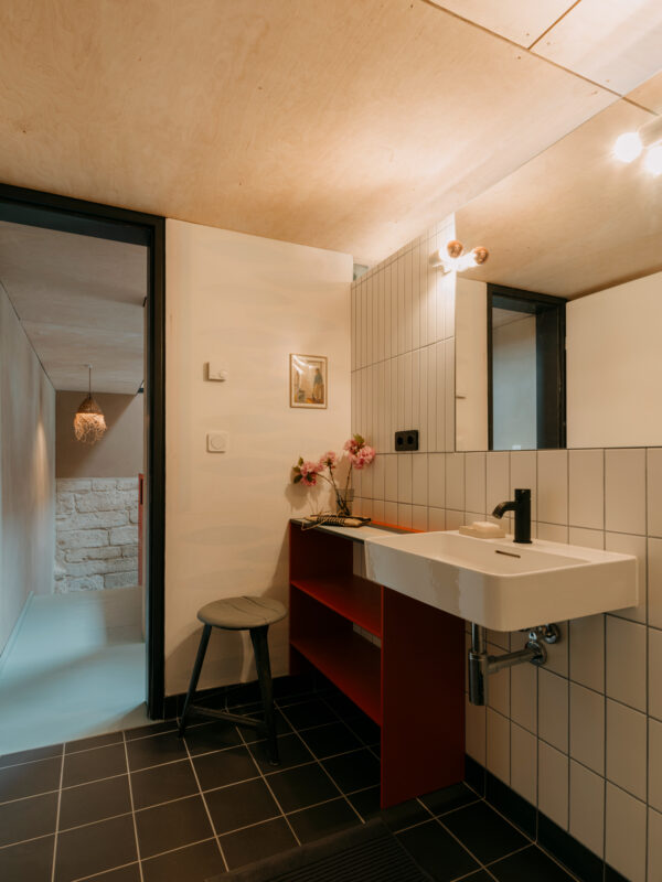 Modern bathroom on a mezzanine floor with a sink, red shelf, and decorative flowers. Natural light from a nearby hallway.