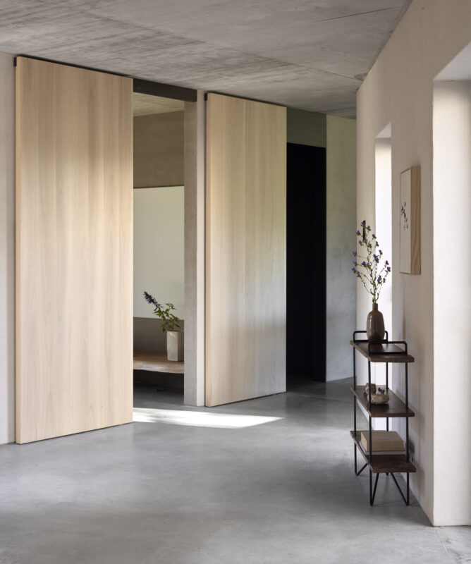Modern interior featuring sliding wooden doors, a minimalist shelf with a vase, and a concrete wall.