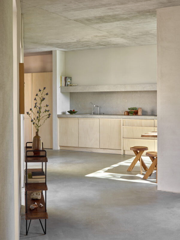 Modern kitchen with light wood cabinetry, minimalist decor, and natural light streaming in from a nearby window.