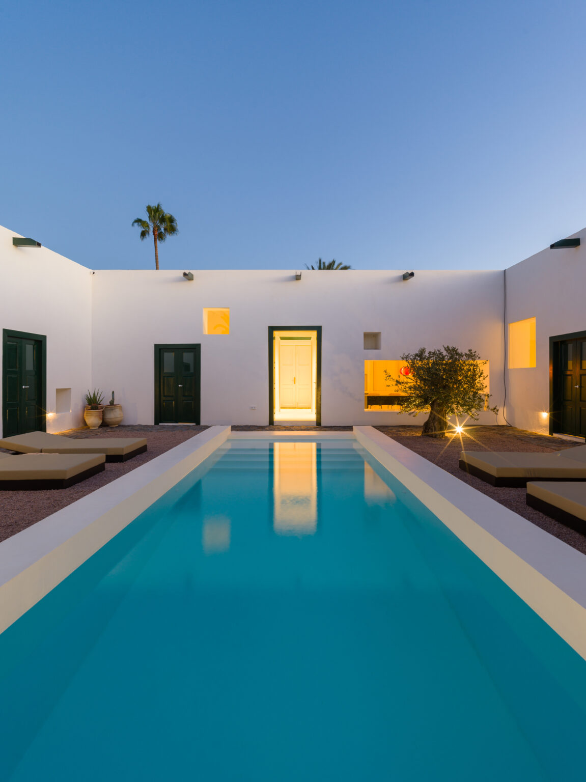 Modern courtyard with a turquoise pool, surrounded by white walls and palm trees, at Casa Montelongo.