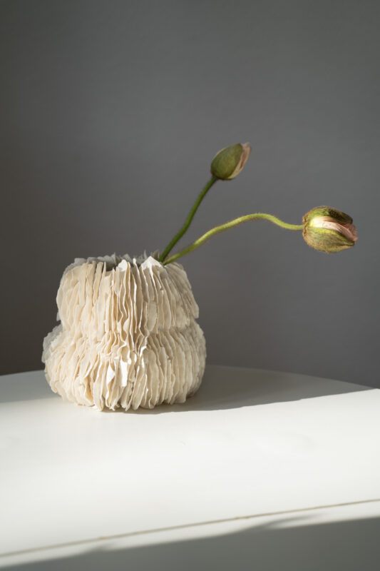 Textured white vase with two green buds, casting soft shadows on a light surface.