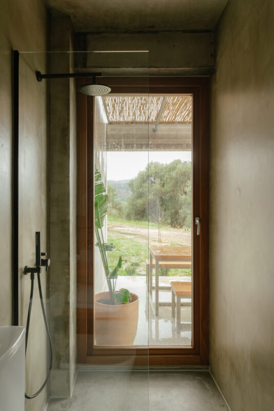 Modern shower with glass door, showcasing a view of greenery and outdoor seating through a large window.