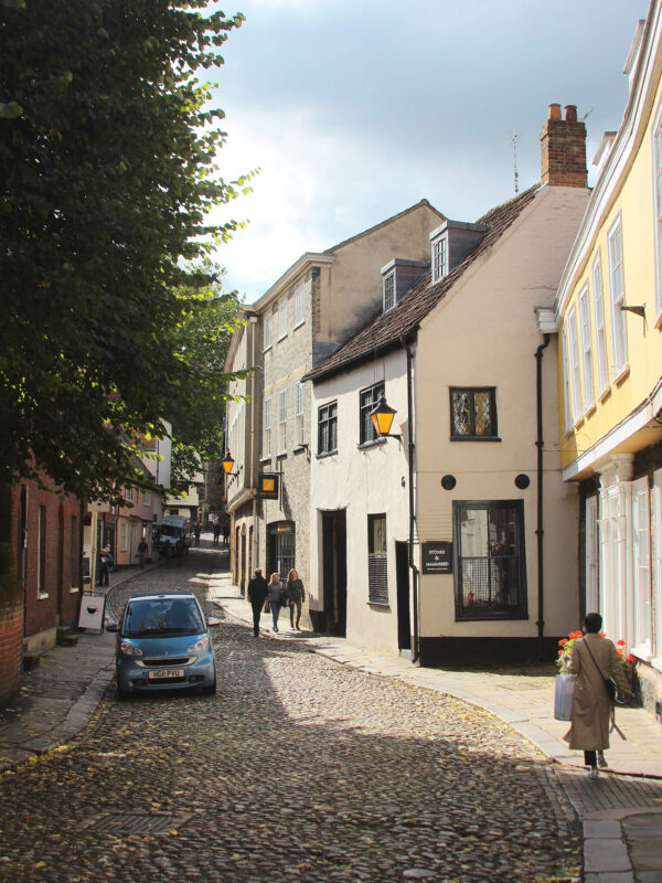Cobblestone street in Elm Hill, lined with historic buildings and pedestrians, under a partly cloudy sky.