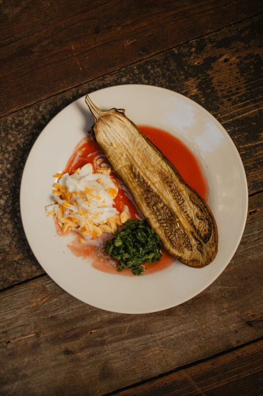 Plate of roasted eggplant with a red sauce, topped with shredded chicken, yogurt, and greens, on a rustic wooden table.