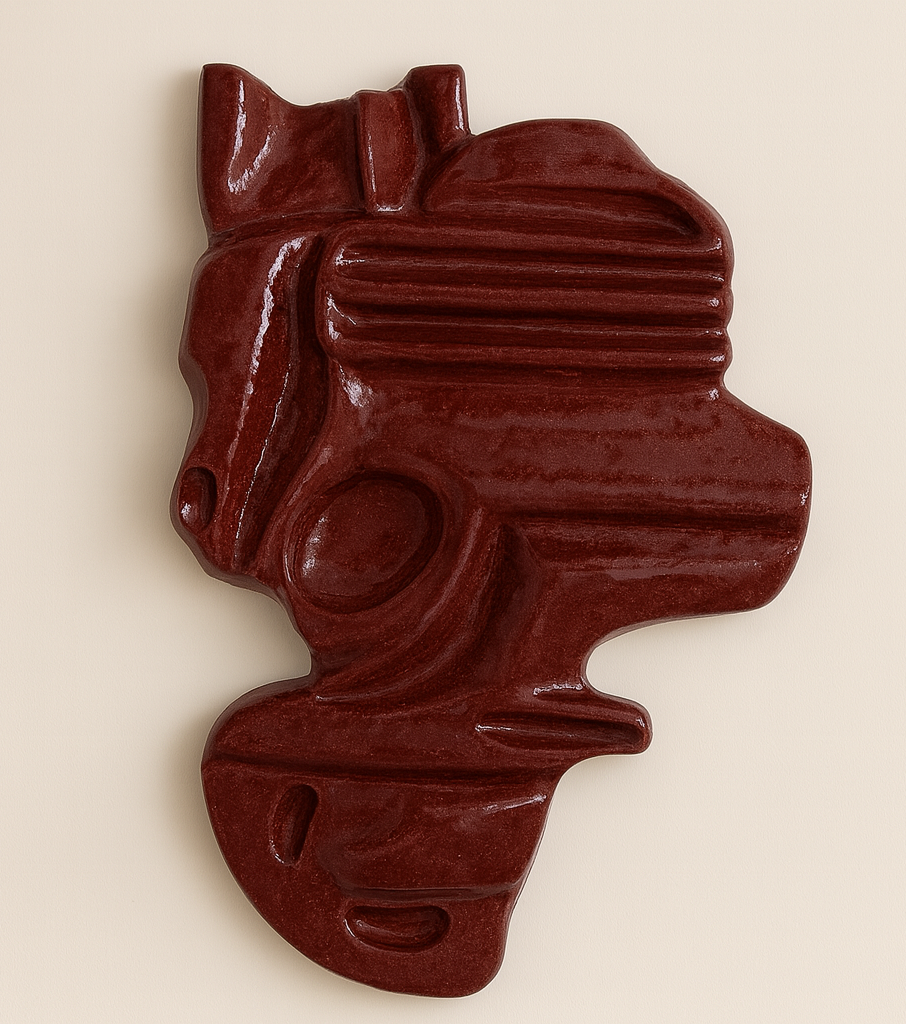 Abstract red ceramic sculpture with textured lines and shapes, mounted on a light beige wall.