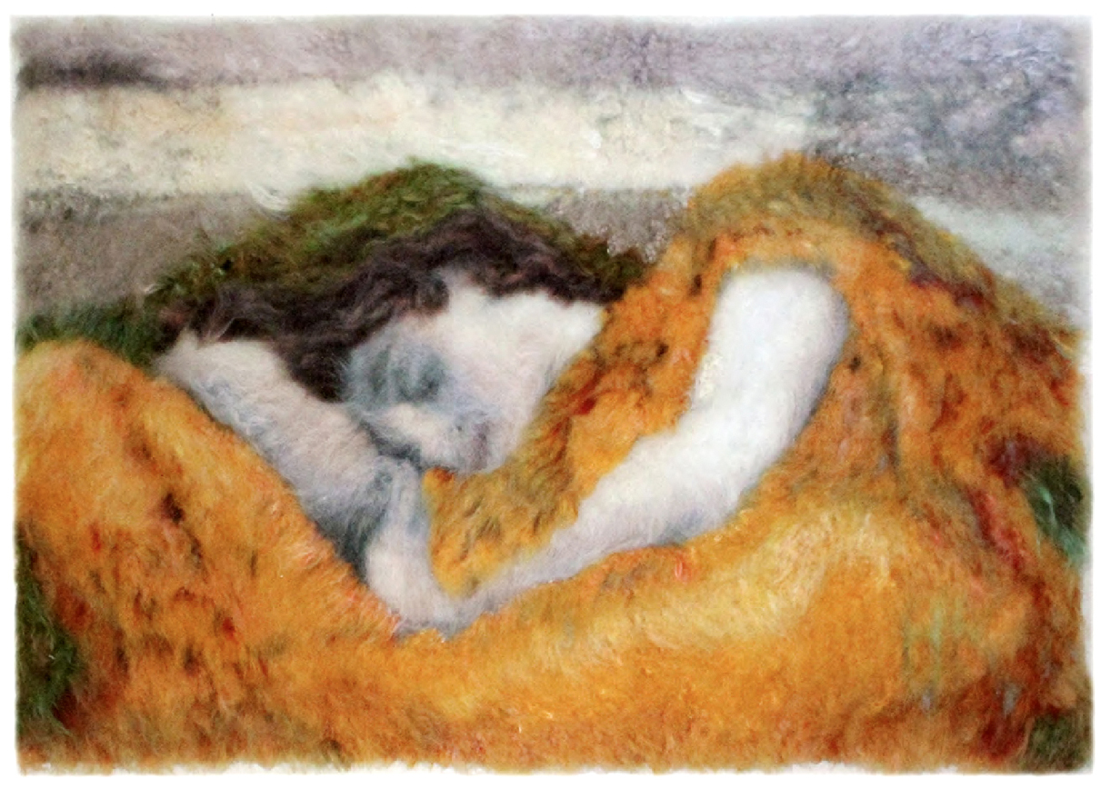 A soft, textured artwork depicting a reclining figure wrapped in an orange and green blanket, with a serene expression.