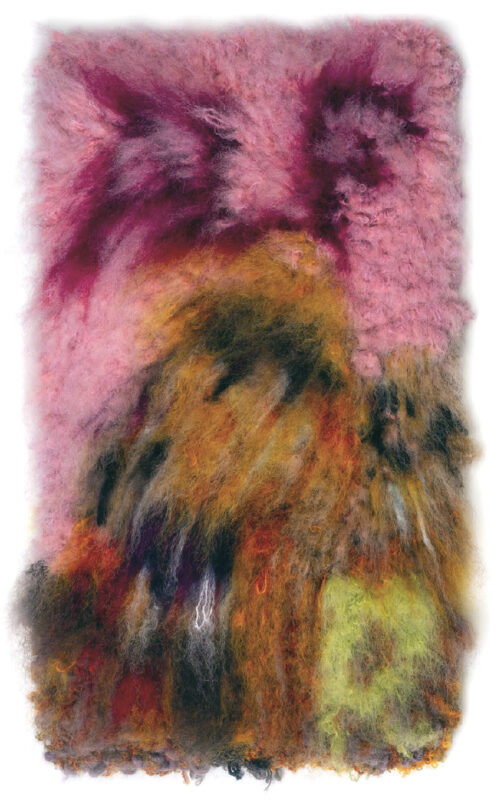 Abstract artwork featuring vibrant pink, orange, and green fibers, resembling a textured landscape or organic forms.