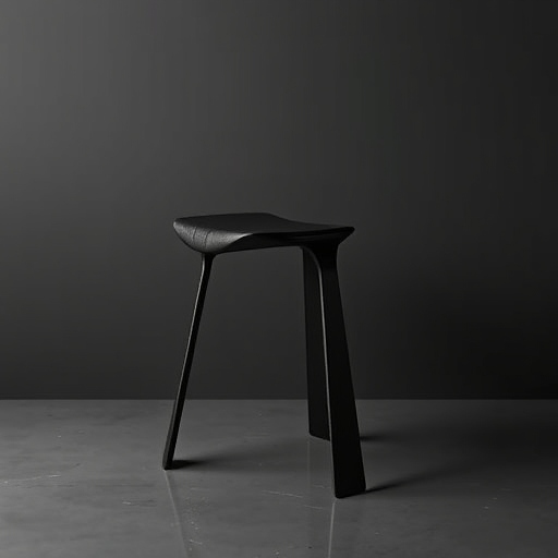 Black minimalist stool with a unique angular design, set against a dark background.