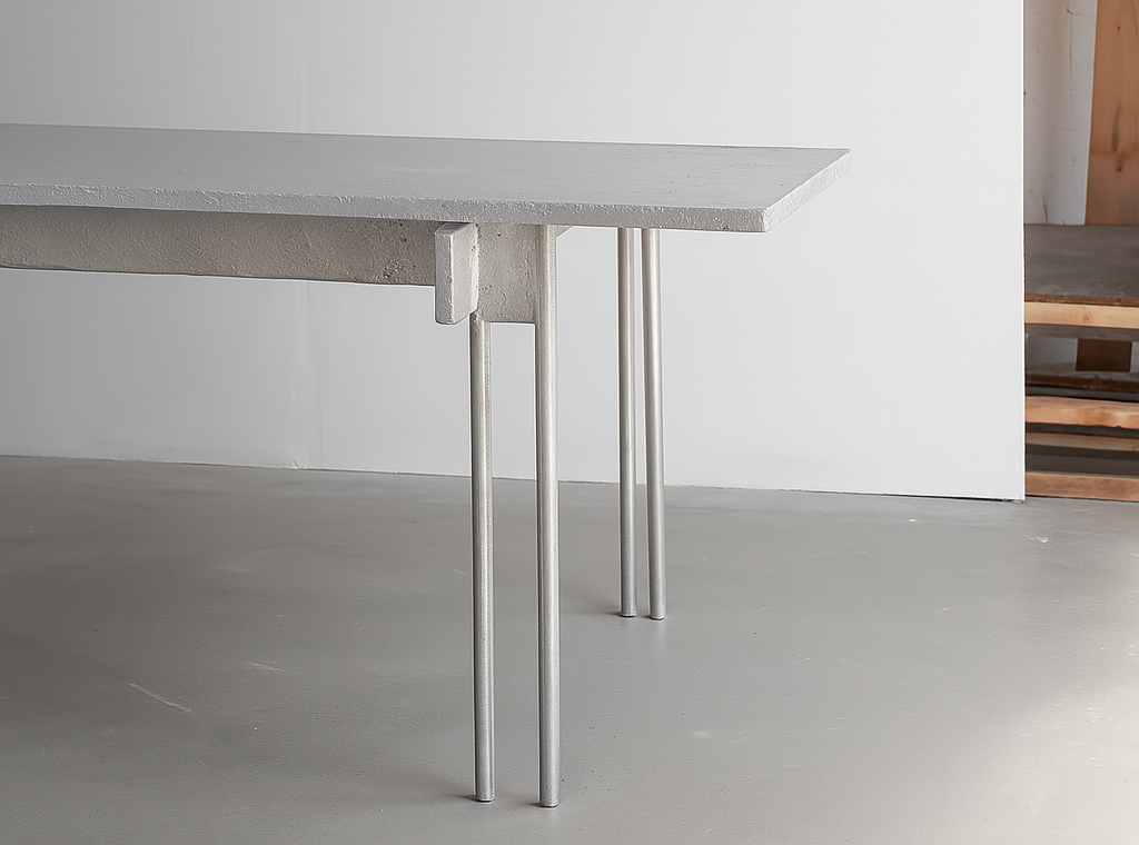 Minimalist Onor T-table with a concrete top and slender metal legs, set against a neutral background.