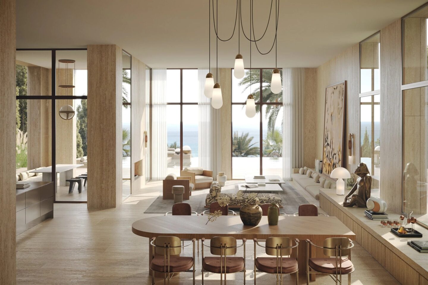 Modern interior of a spacious living room with large windows overlooking a sea view, featuring a dining table and stylish ...