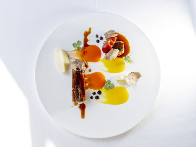Elegant dish featuring meat, vibrant sauces, and garnishes on a white plate, presented at Borgo dei Conti.