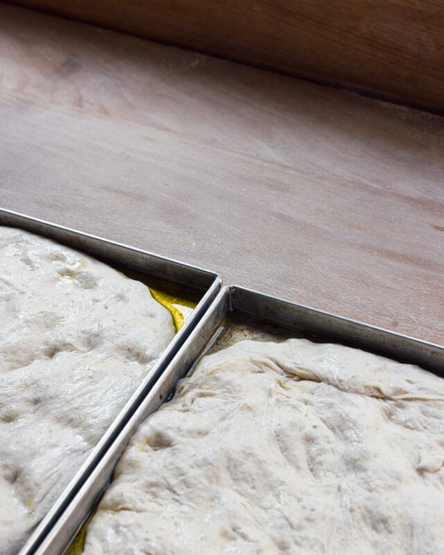 Dough resting in a metal tray with olive oil, set on a wooden surface.