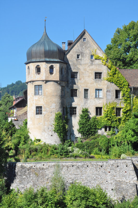 Historic building with a turret, covered in greenery, set against a clear blue sky in Bregenz.