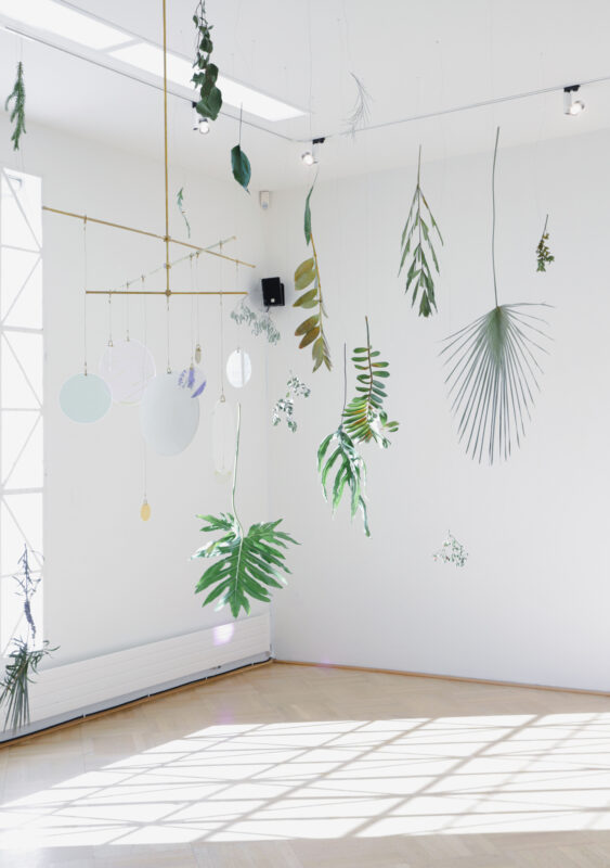 Hanging botanical installation with various leaves and circular elements in a bright, minimalist gallery space.