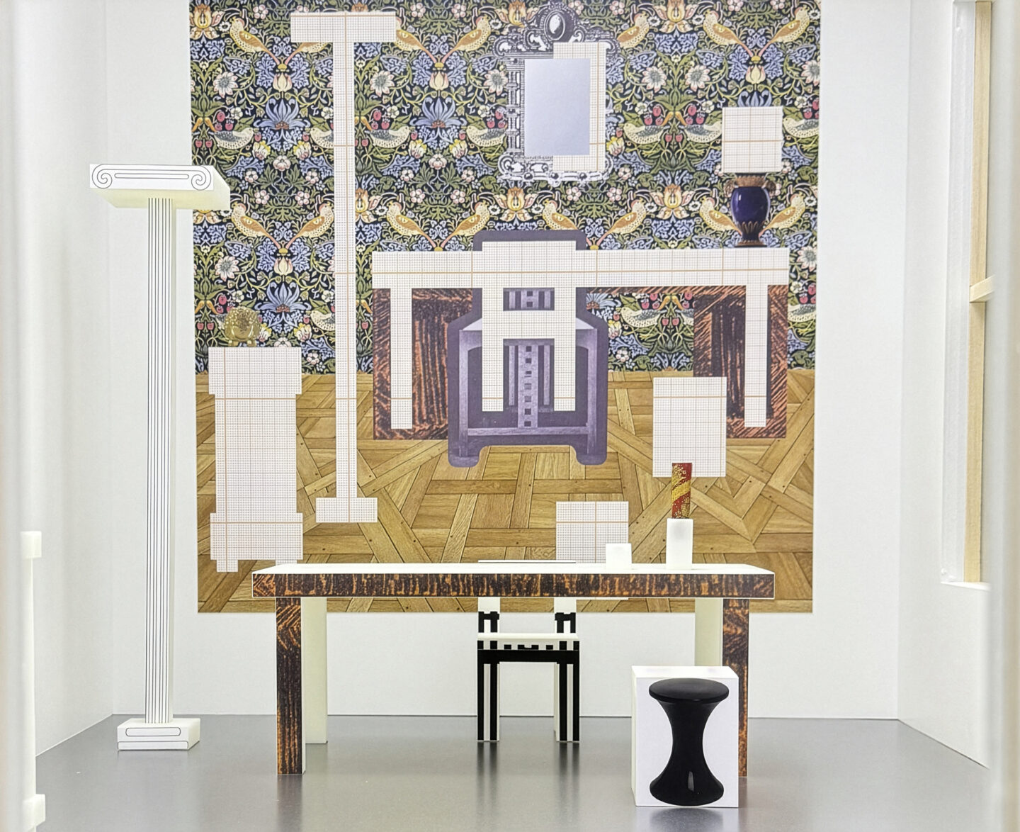 Interior architecture project mockup featuring a patterned wall, furniture outlines, and a minimalist table design.