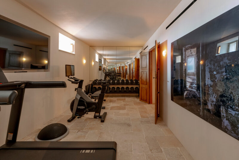 Modern gym interior featuring exercise equipment, mirrors, and a large wall photo, with natural light from windows.