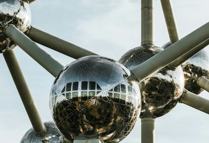 Close-up of the metallic spheres and connecting beams of the Atomium structure in Brussels.