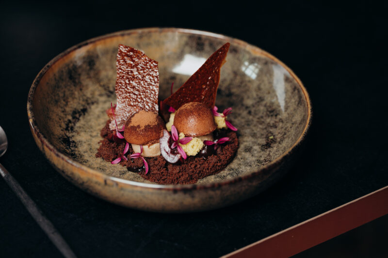 Dessert in a textured bowl featuring chocolate mousse, ice cream, and decorative chocolate shards, garnished with edible f...