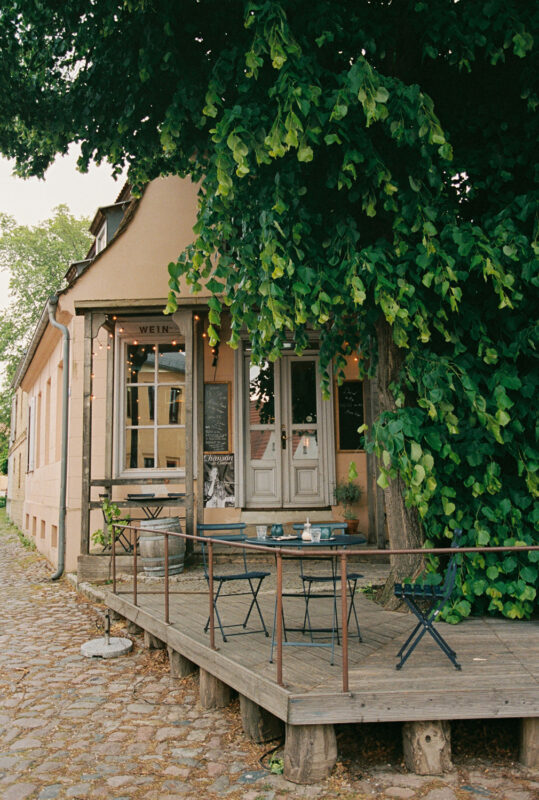 Charming café with outdoor seating under a large tree, located in Werder, Germany.