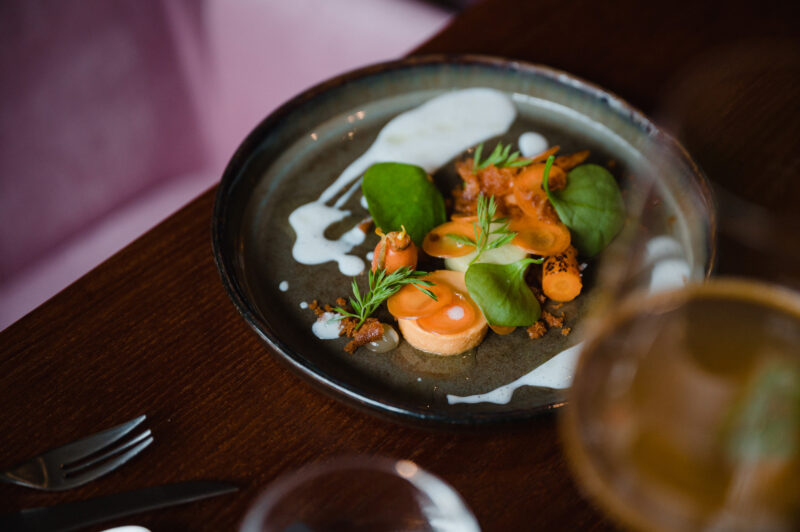 Gourmet dish featuring carrot, kefir, and currant wood, garnished with greens, served on a dark plate.