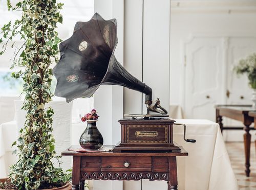 Antique gramophone on a wooden table beside a vase of flowers and a potted plant in a bright interior.