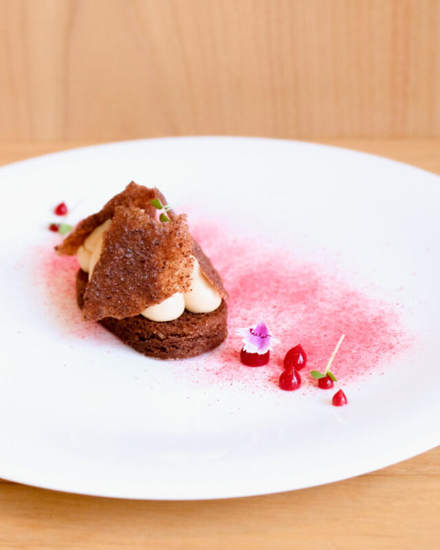 Dessert on a white plate featuring a chocolate base, cream filling, and decorative edible flowers and berry coulis.