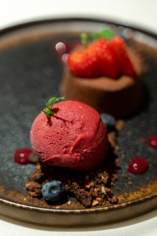 Dessert plate featuring a red sorbet, chocolate mousse, strawberries, blueberries, and chocolate crumbles.