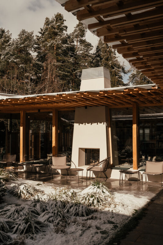 Modern building with a chimney, surrounded by snow-covered plants and outdoor seating, set in a forested area.