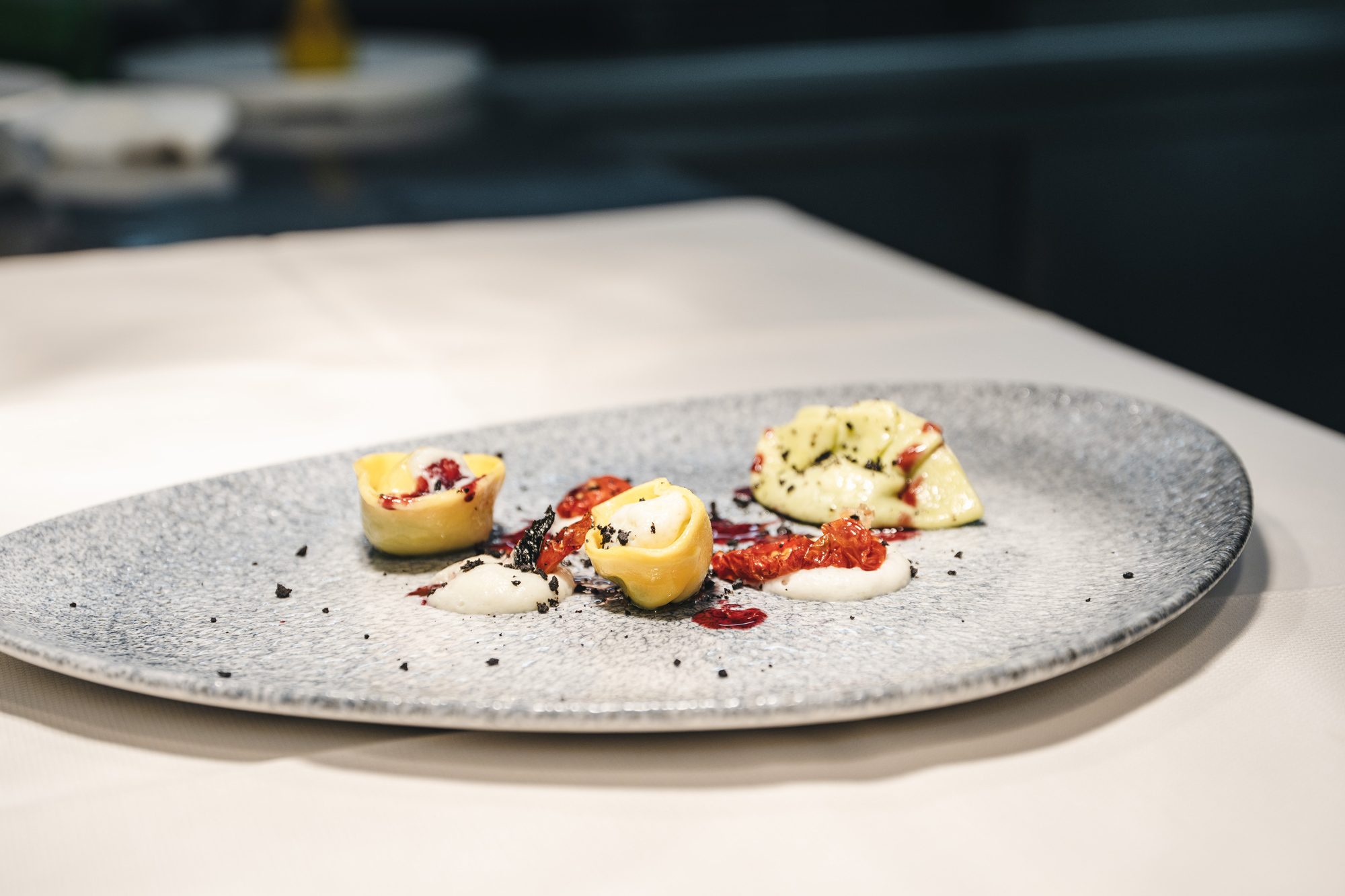 Elegant plate of fine dining featuring colorful pasta, garnished with herbs and sauces, set on a textured gray dish.