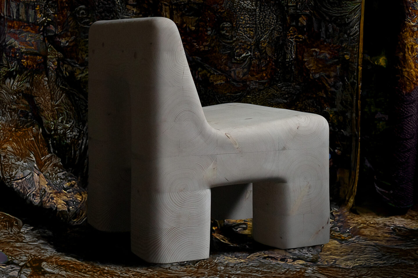 Minimalist wooden lounge chair with a unique, blocky design, set against a textured, abstract background.