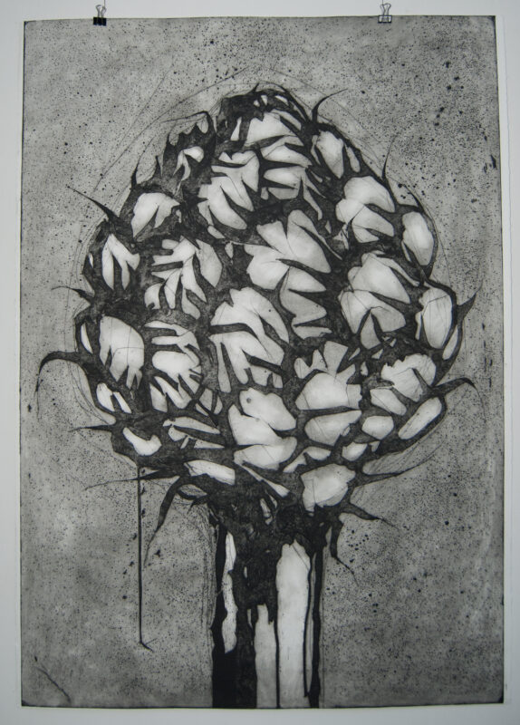 Black and white artwork depicting a textured, abstract floral shape with overlapping leaves and dripping ink details.