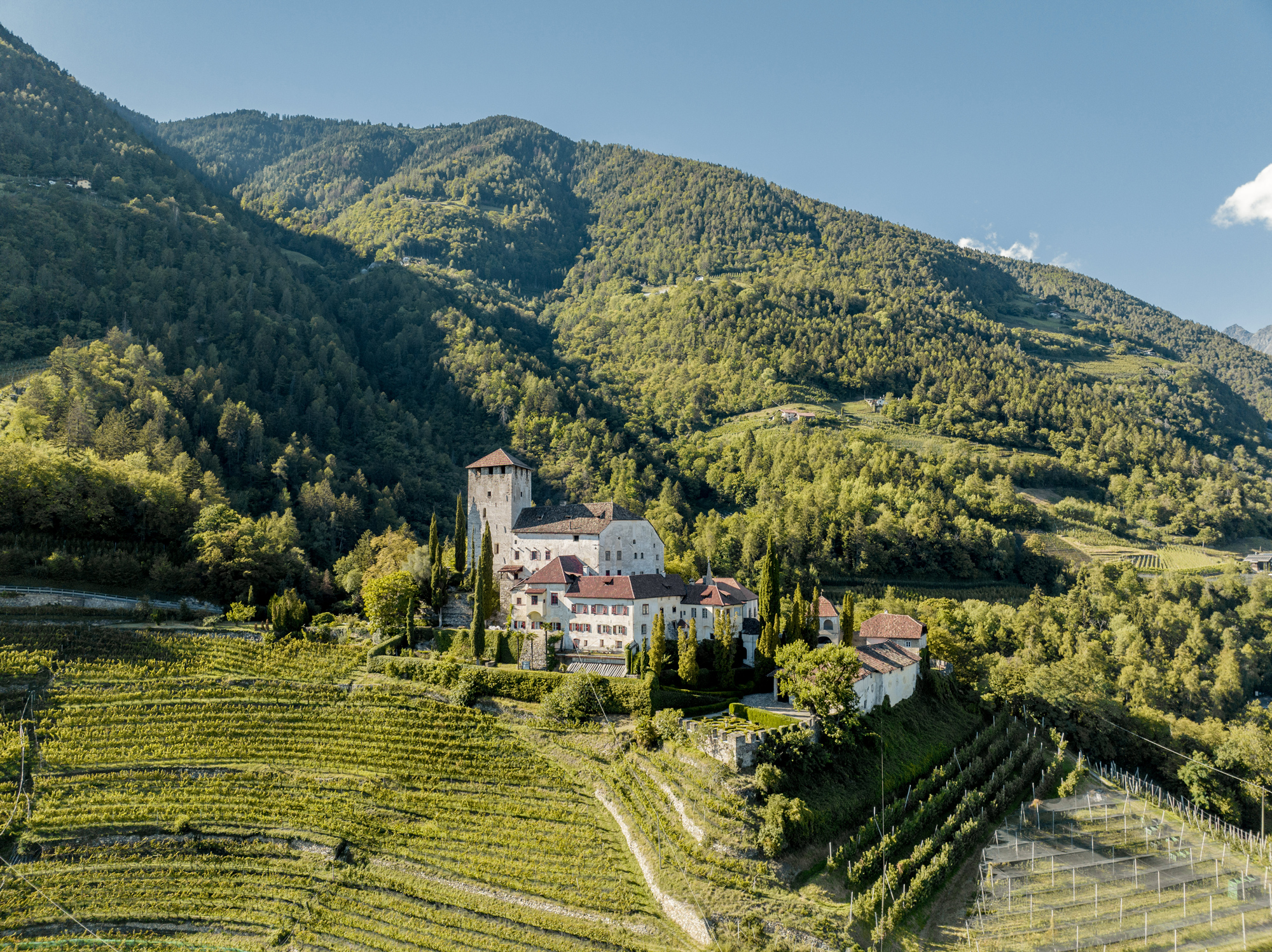 Castle Lebenberg nestled in lush green vineyards, surrounded by mountains in the Lana region.